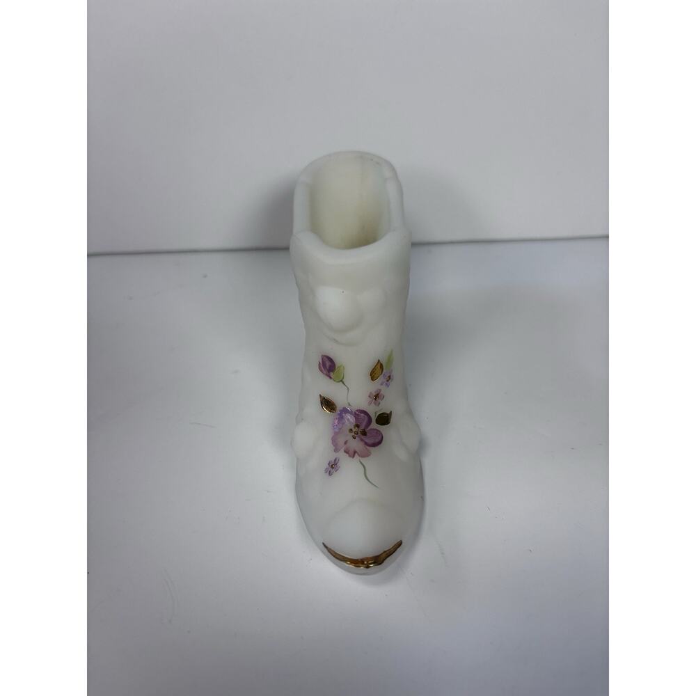 Fenton White Satin Glass Hand Painted Floral Victorian Shoe Artist Signed - Picture 4 of 7